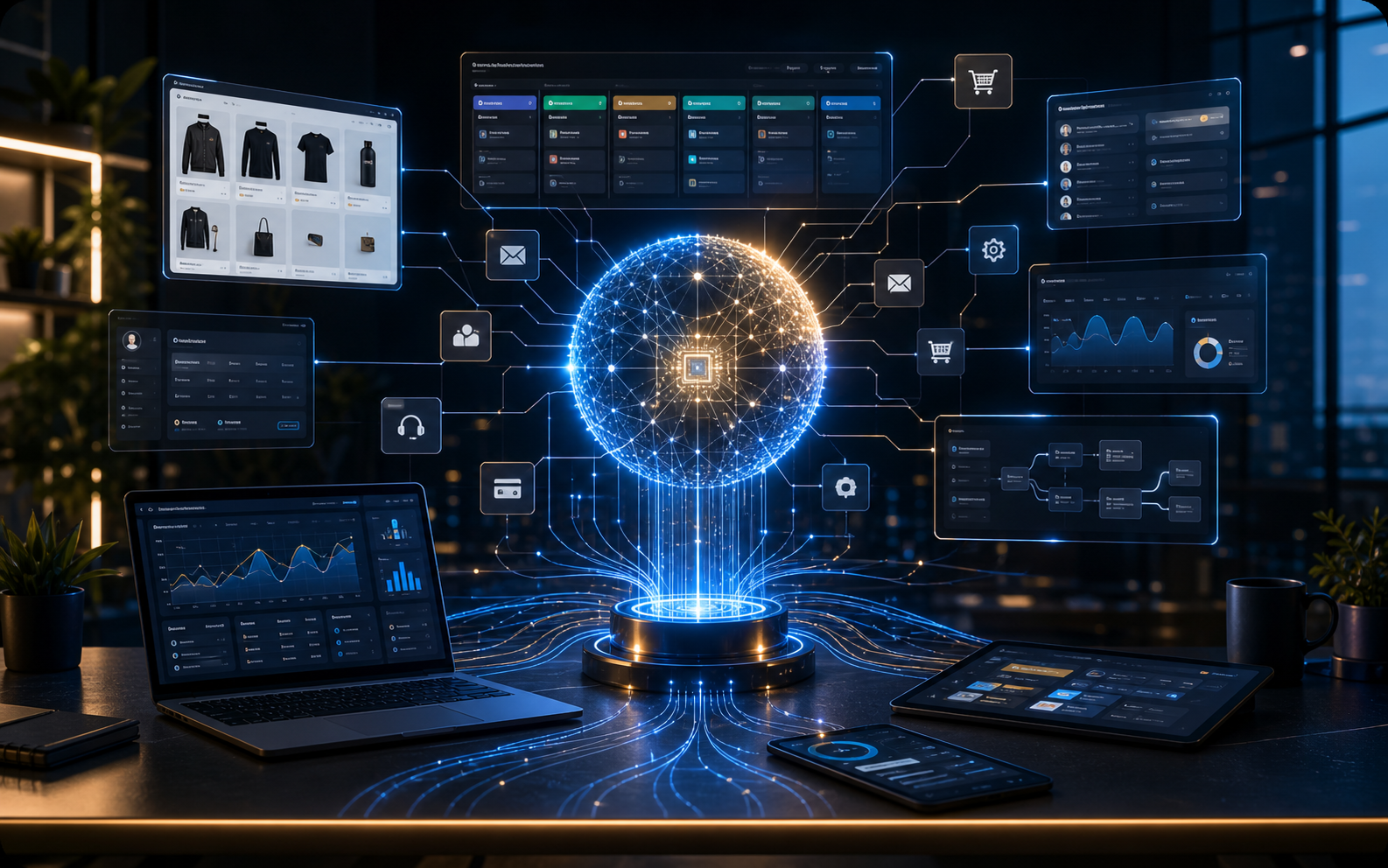 AI operations hub connecting websites, ecommerce, CRM, automation, analytics and business systems